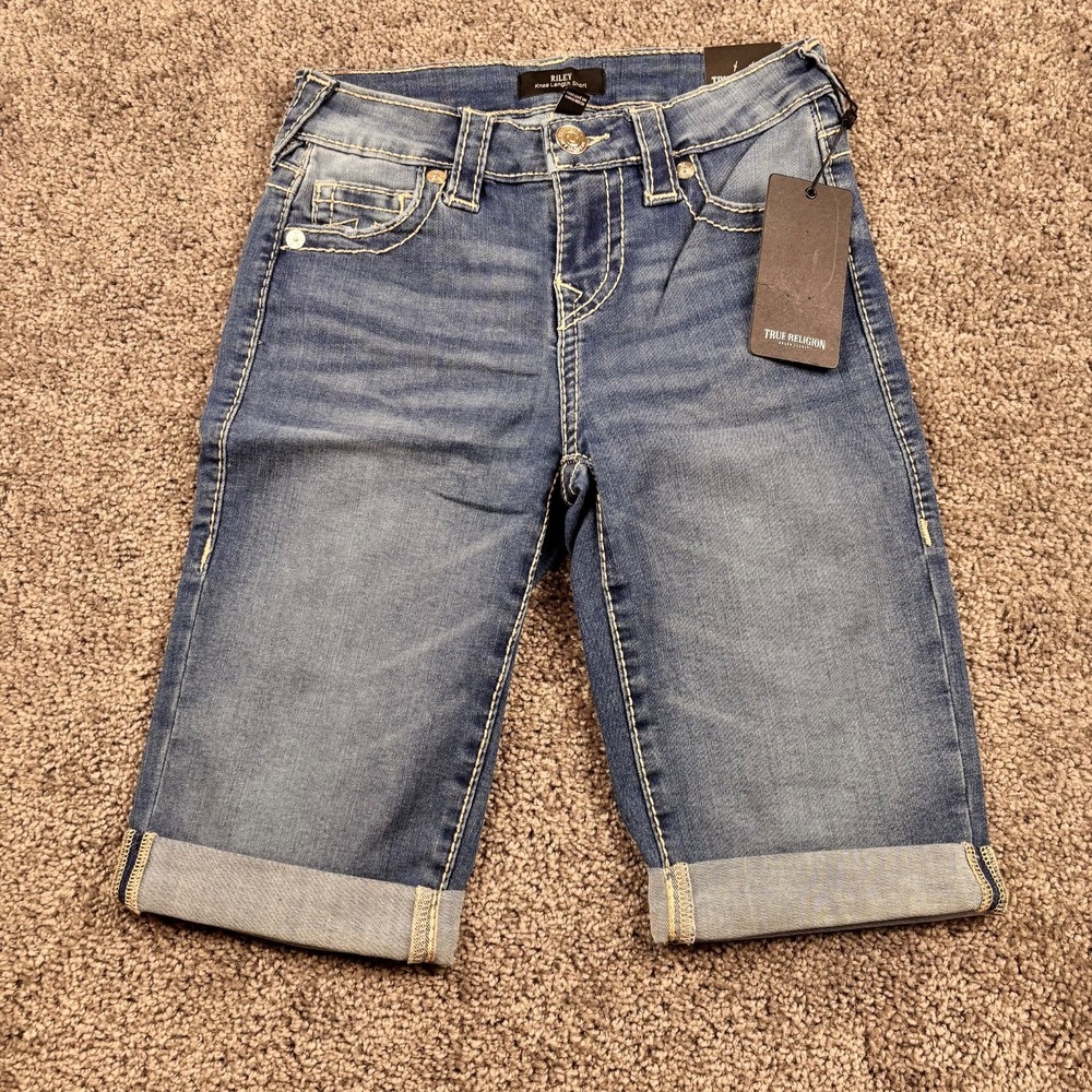 NEW True Religion Riley Big T Stitch Knee Shorts Womens 24 Blue Rolled Cuff